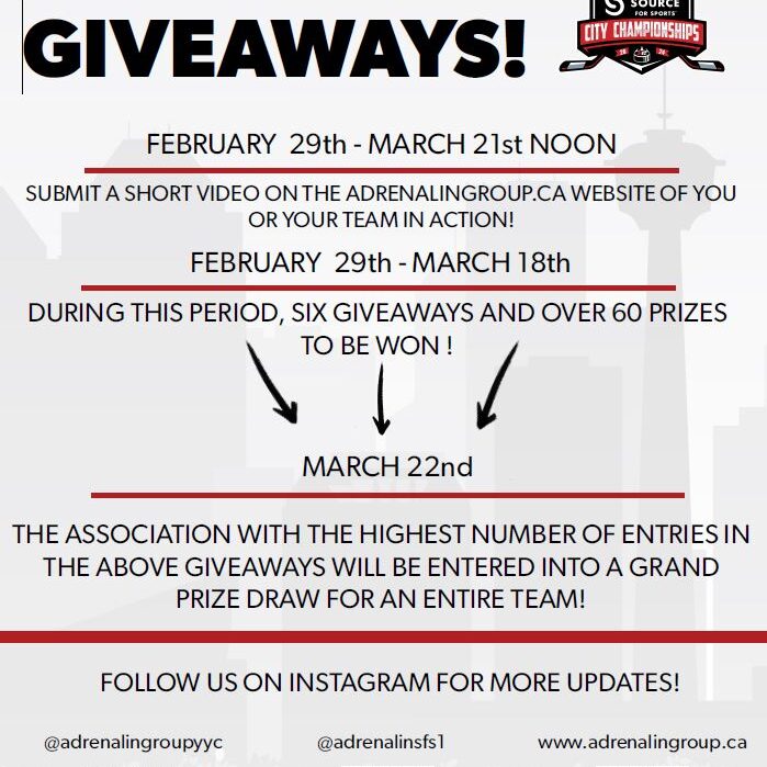 ADRENALIN CITY CHAMPIONSHIP GIVEAWAYS!
SIGN UP TO WIN!
THE ASSOCIATION WITH THE HIGHEST COMBINED NUMBER OF ENTRIES FROM ALL ADRENALIN CITY CHAMPIONSHIP GIVEAWAYS WILL BE ENTERED INTO A GRAND PRIZE DRAW FOR AN ENTIRE TEAM!

FEBRUARY 29th - MARCH 18th