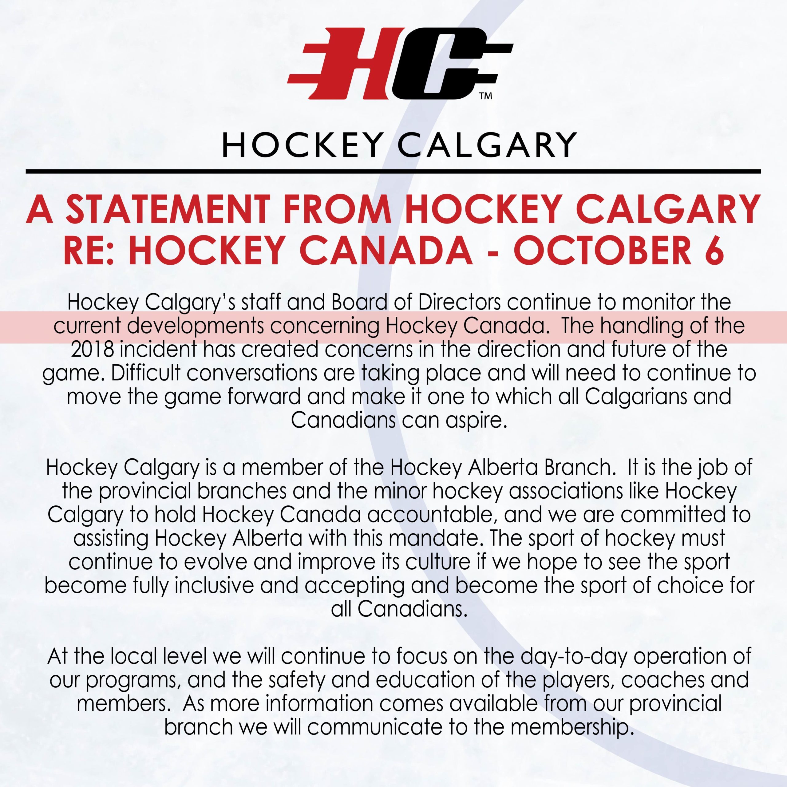 October 6, 2022 - Statement from Hockey Calgary RE Hockey Canada